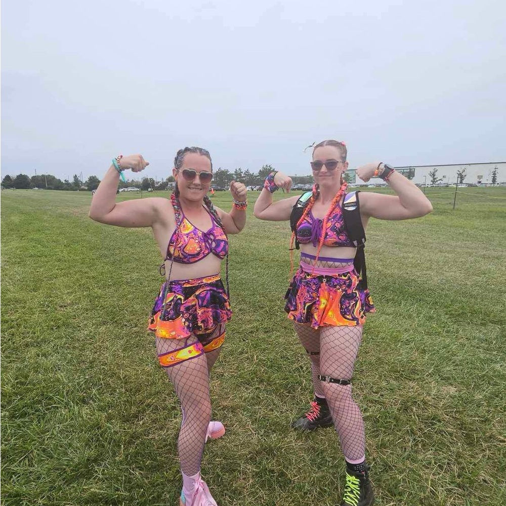 Vibrant Neon Purple & Orange Rave Set - Crop Top & Skirt and garter booty shorts